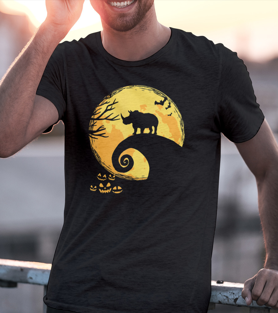 Funny Rhino And Moon Halloween Parody With Jack-O'-Lanterns And Bat T-Shirt