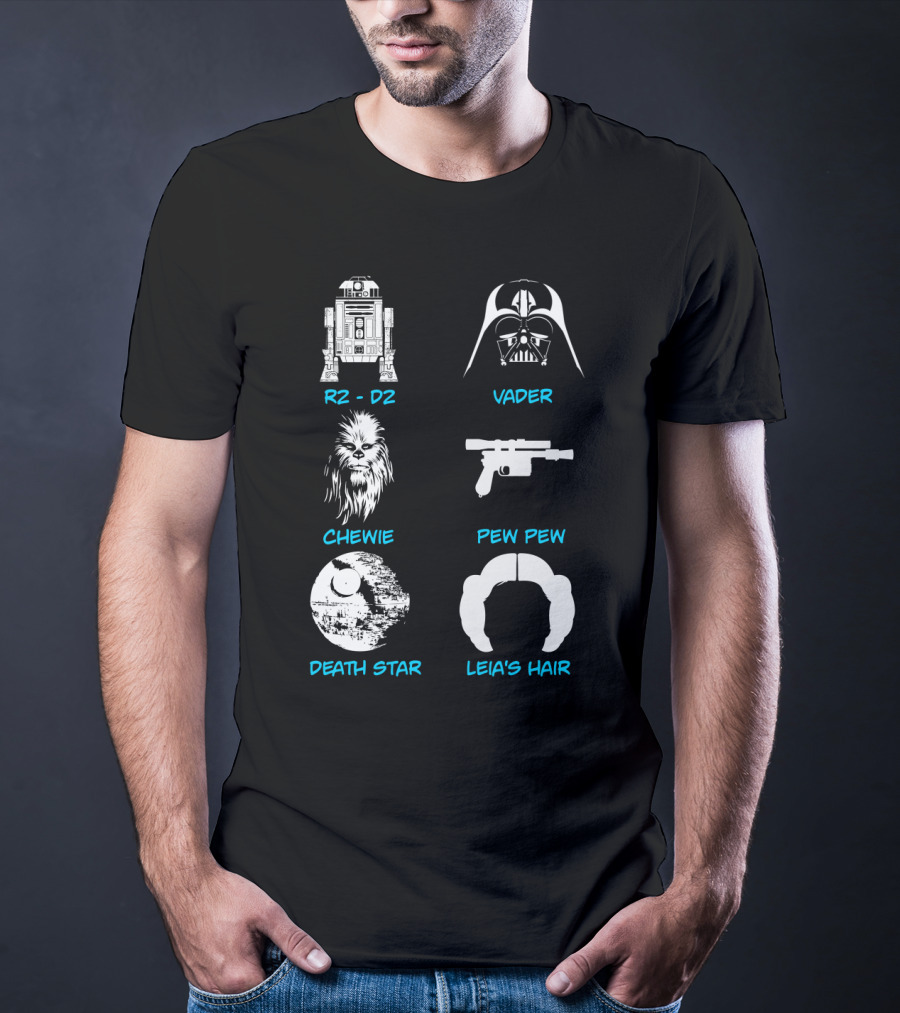 R2-D2 Darth Vader Chewie Pew Pew Death Star Leia's Hair T-Shirt