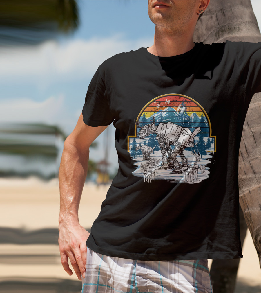 Retro Vintage AT AT Droids Star Wars Hoth Battle Sunset Scene T-Shirt