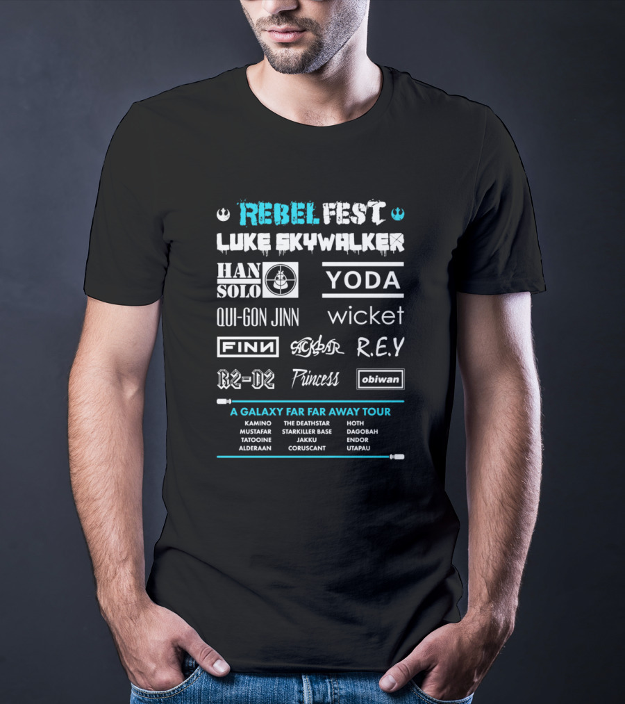 Rebel Fest Luke Skywalker Han Solo Yoda Qui-Gon Jinn Finn R2-D2 A Galaxy Far Far Away Tour T-Shirt