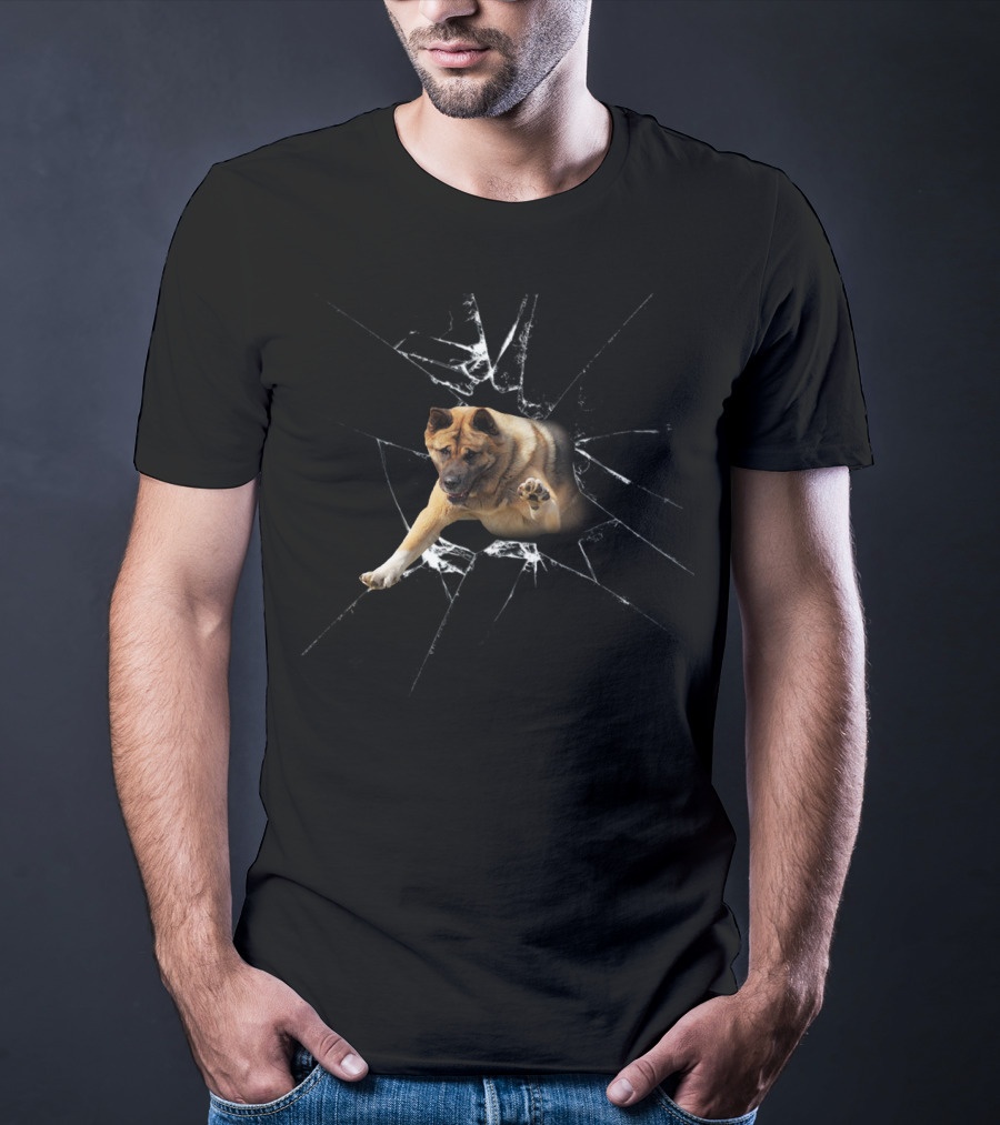 Akita Broke The Glass Dog Breaking Through Shattered Window T-Shirt