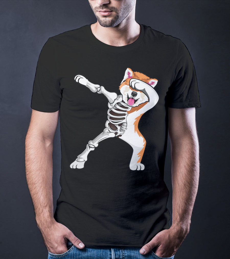 Akita Dog Skeleton Dabbing Halloween T-Shirt