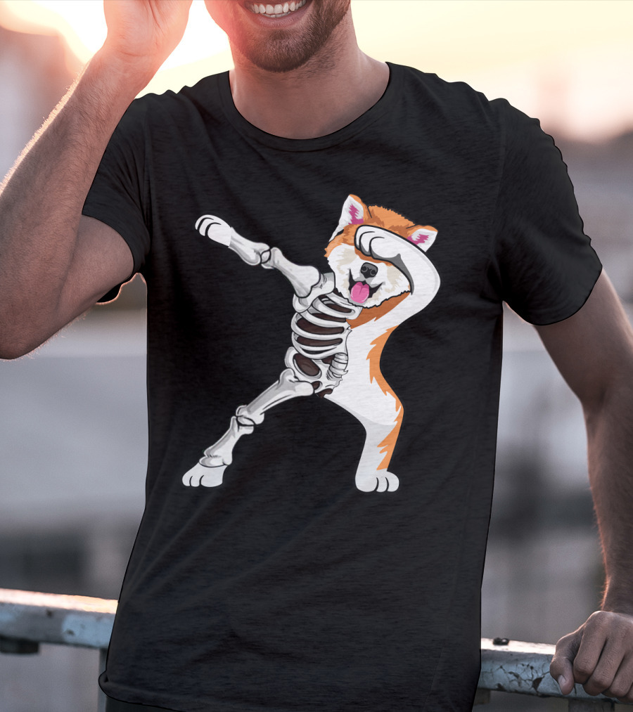 Akita Dog Skeleton Dabbing Halloween T-Shirt