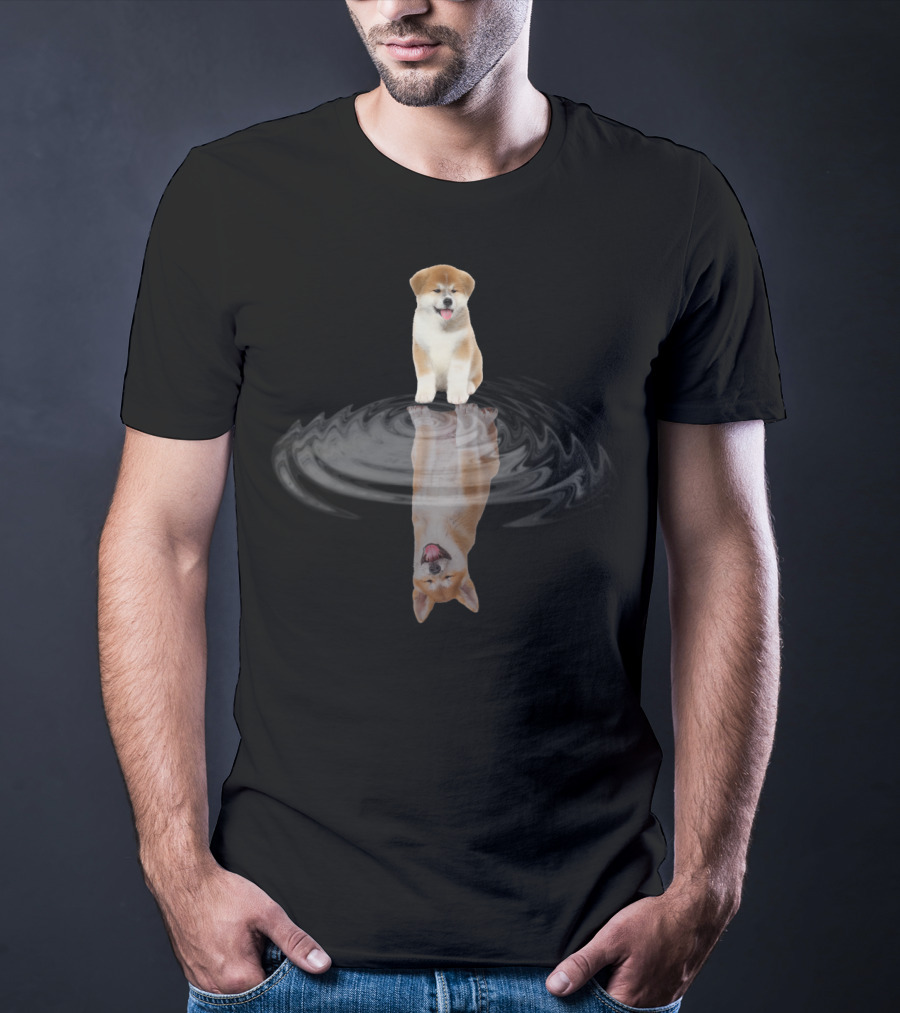 Akita Mirror Reflection With Puppy And Water Surface T-Shirt