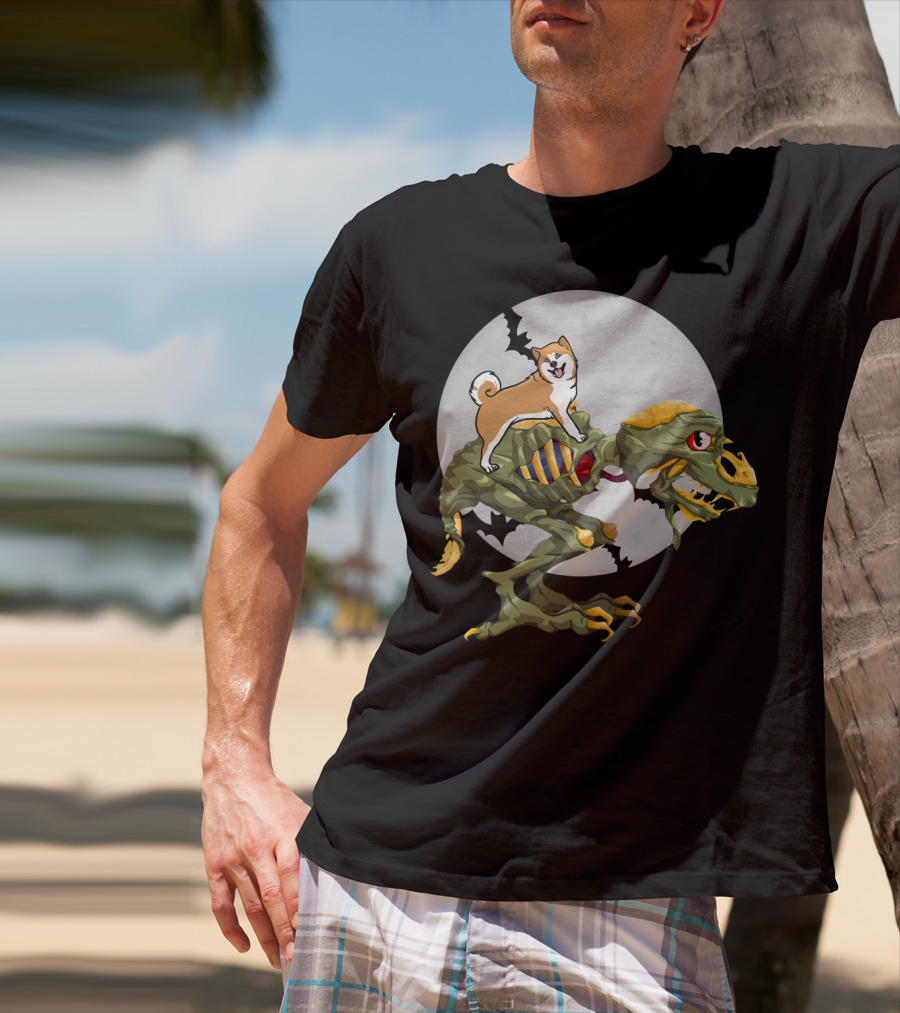 Akita Riding Dinosaur Skeleton Under Full Moon With Bats T-Shirt