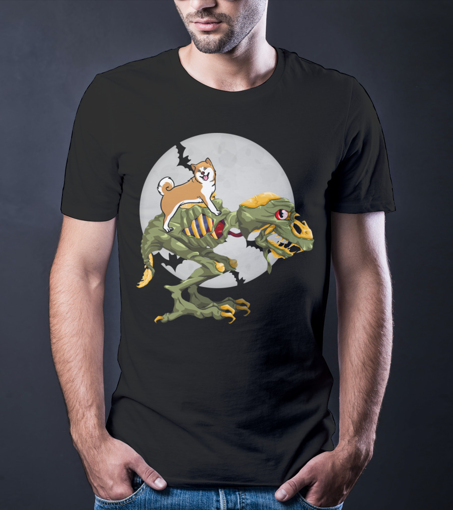 Akita Riding Dinosaur Skeleton Under Full Moon With Bats T-Shirt