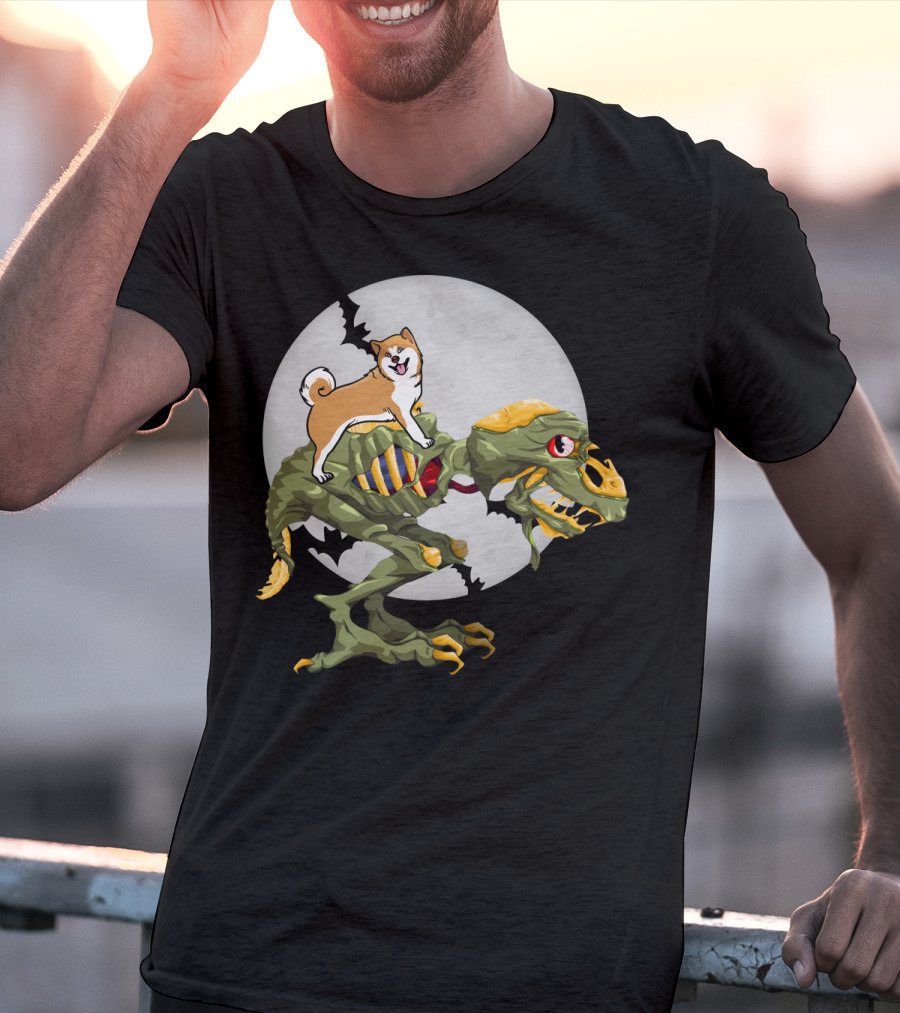 Akita Riding Dinosaur Skeleton Under Full Moon With Bats T-Shirt