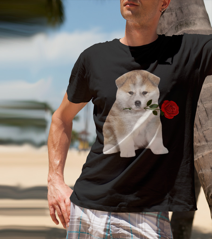 Akita Puppy Holding Red Rose T-Shirt