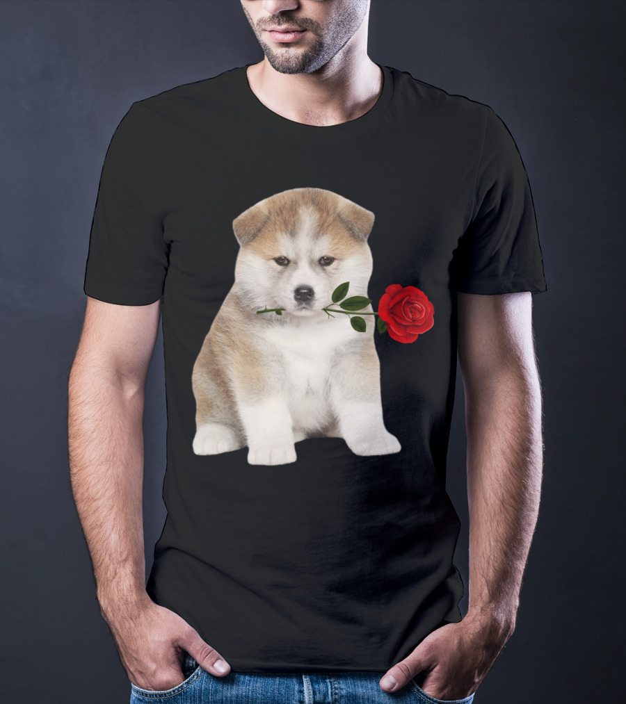 Akita Puppy Holding Red Rose T-Shirt