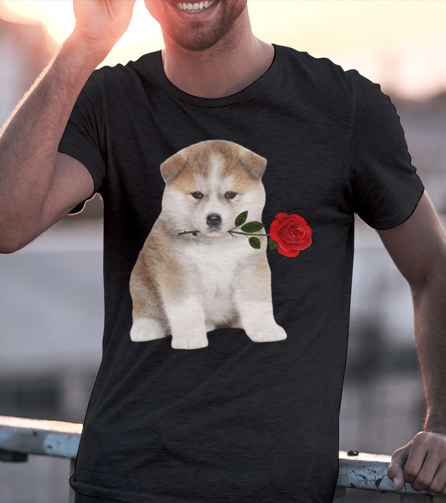 Akita Puppy Holding Red Rose T-Shirt
