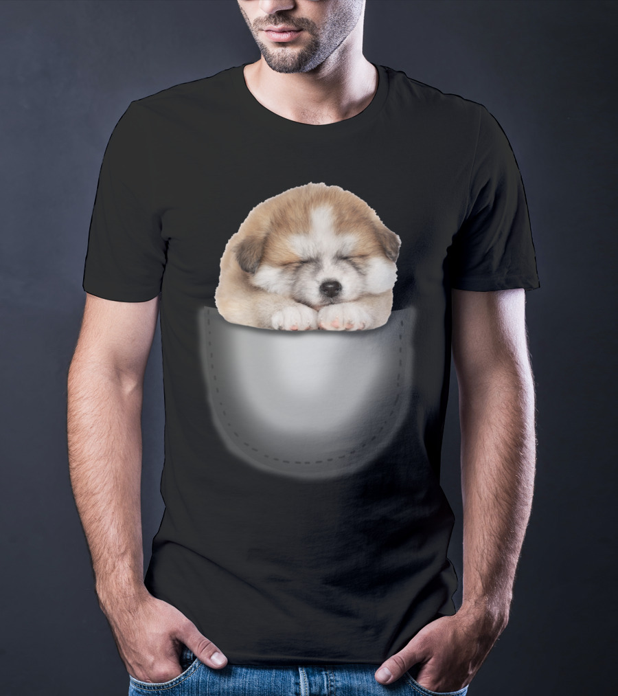 Sleeping Akita Puppy In Pocket T-Shirt