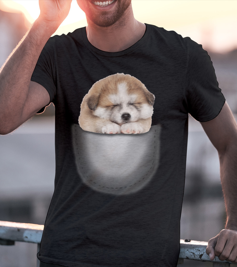 Sleeping Akita Puppy In Pocket T-Shirt