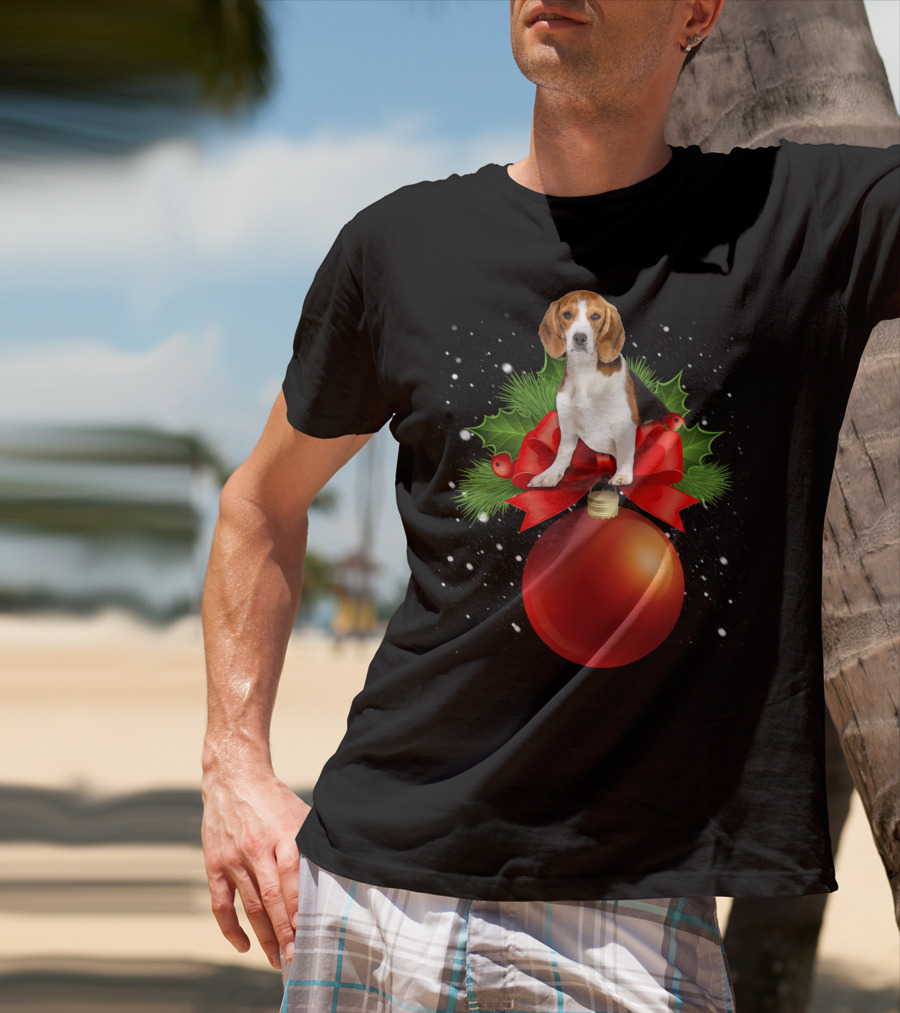 Beagle Red Christmas Ornament With Holly And Snowflakes T-Shirt
