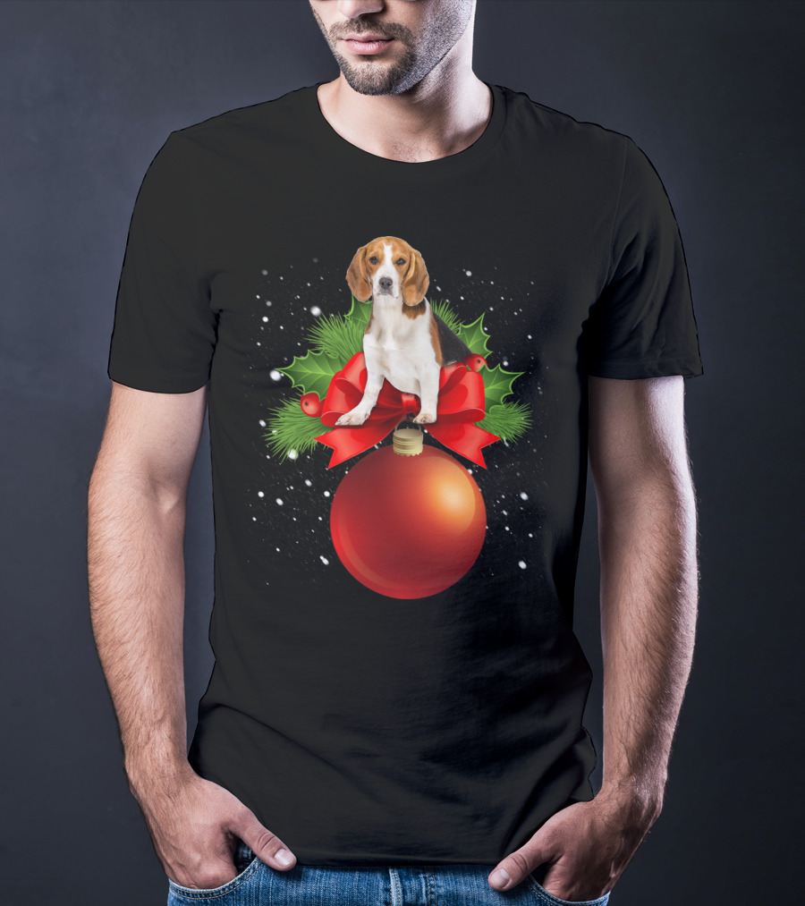 Beagle Red Christmas Ornament With Holly And Snowflakes T-Shirt
