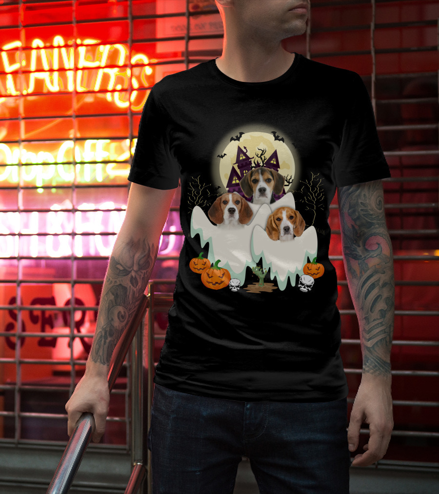 Beagle Halloween Ghosts Haunted House Pumpkins Bats Moon T-Shirt