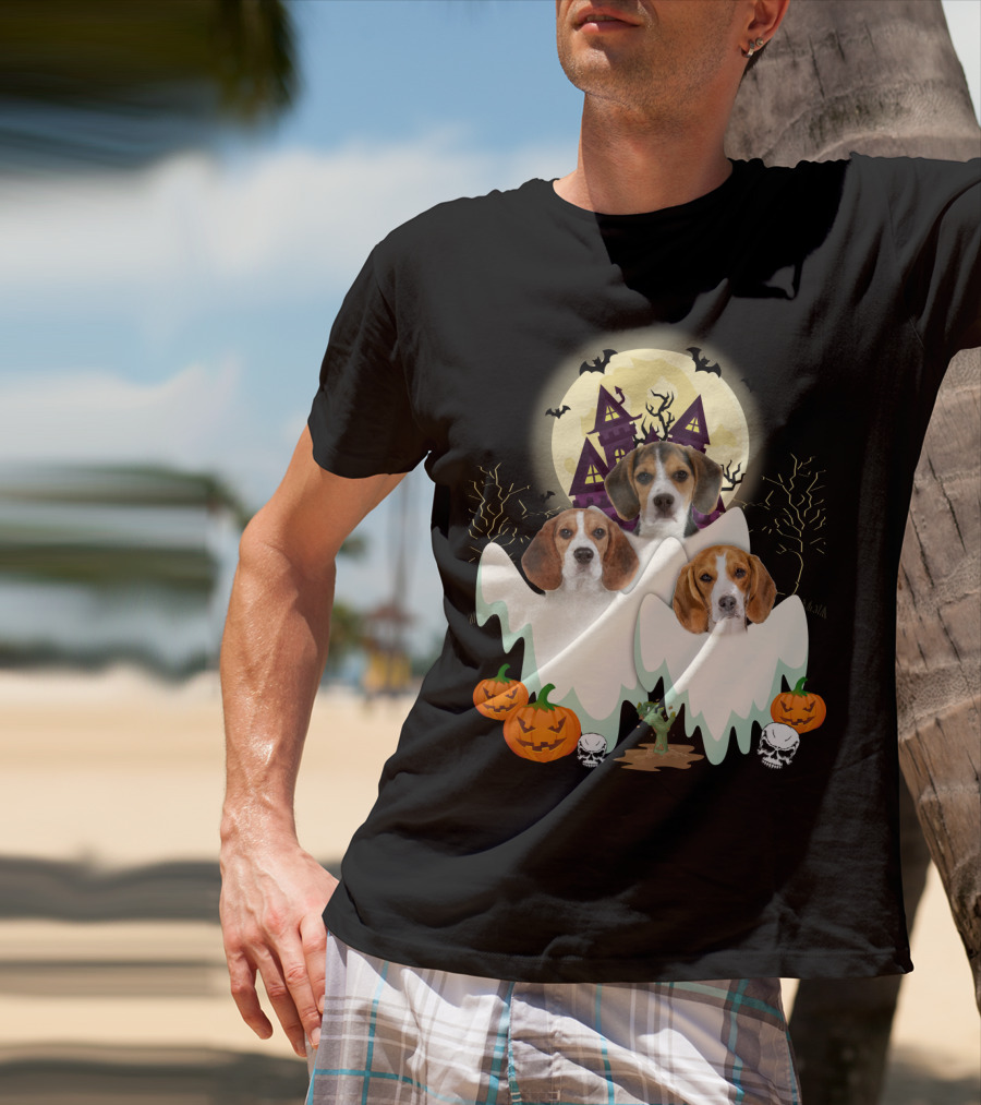 Beagle Halloween Ghosts Haunted House Pumpkins Bats Moon T-Shirt