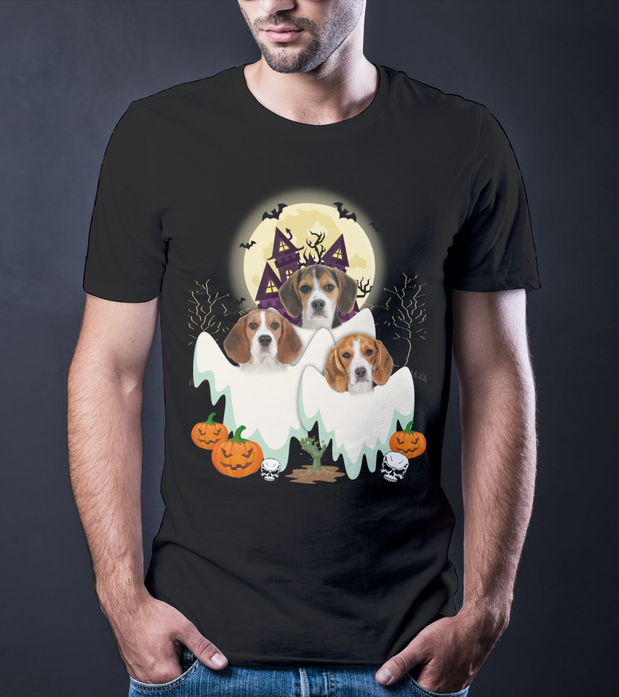 Beagle Halloween Ghosts Haunted House Pumpkins Bats Moon T-Shirt