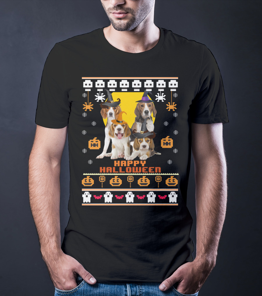 Beagle Happy Halloween Witch Hats And Pixelated Ghosts T-Shirt