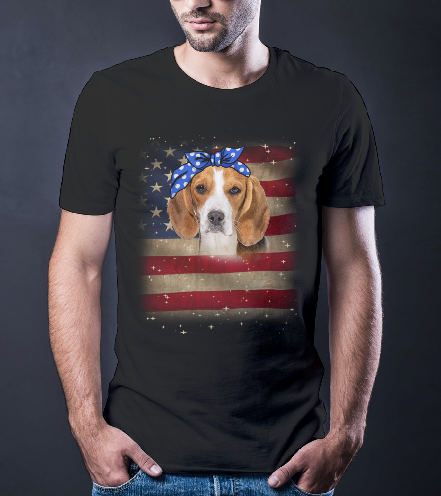 Beagle With Blue Polka Dot Bow On American Flag Background T-Shirt
