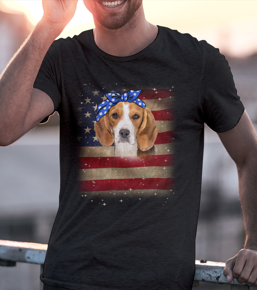 Beagle With Blue Polka Dot Bow On American Flag Background T-Shirt