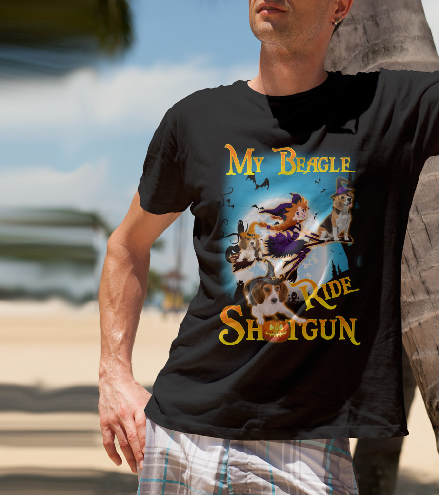 My Beagle Ride Shotgun Witch Halloween Beagle Bats Moon Jack O Lantern T-Shirt