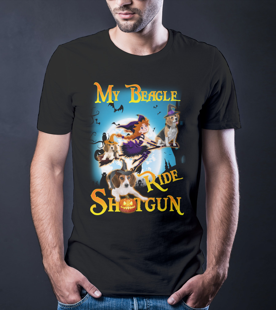 My Beagle Ride Shotgun Witch Halloween Beagle Bats Moon Jack O Lantern T-Shirt