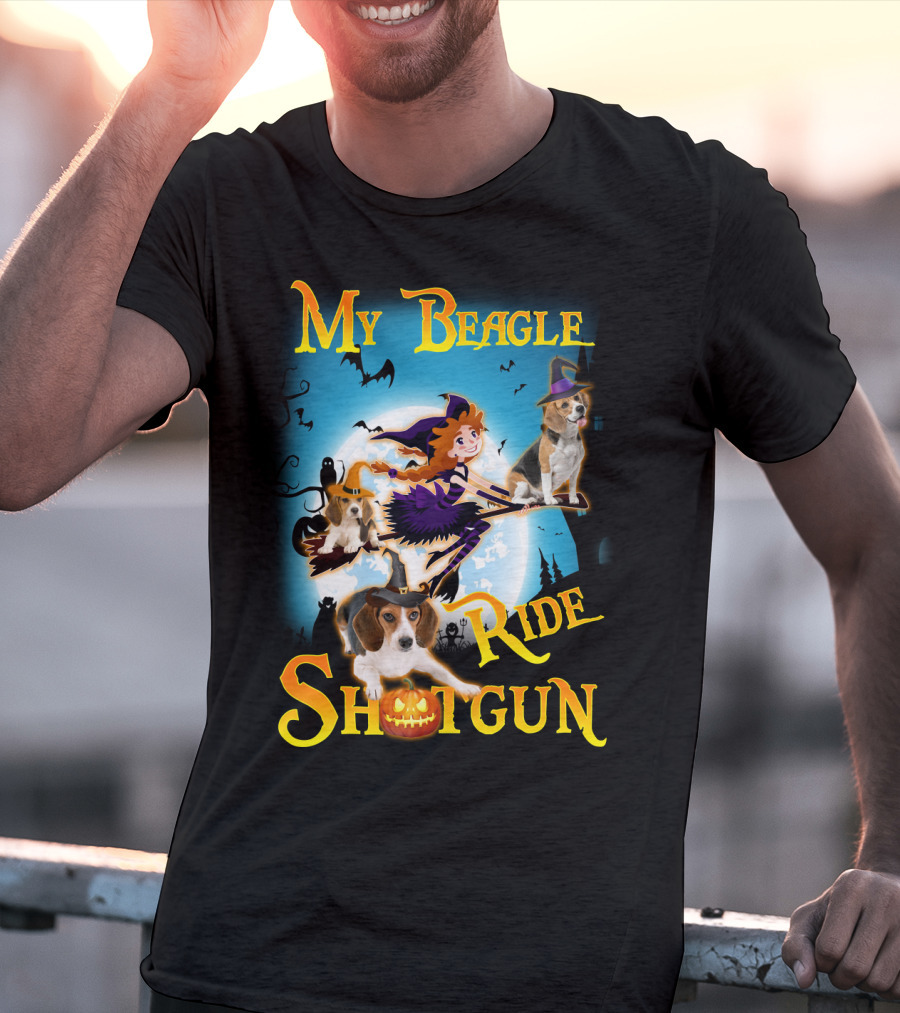 My Beagle Ride Shotgun Witch Halloween Beagle Bats Moon Jack O Lantern T-Shirt