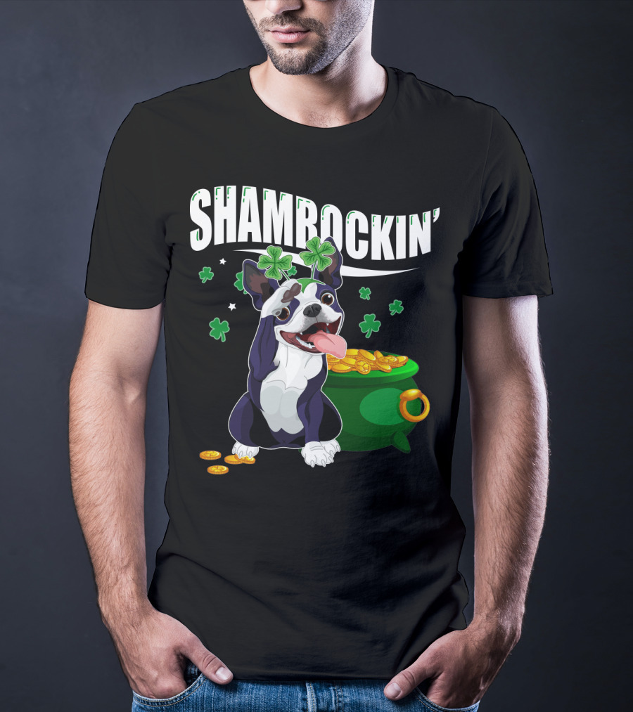 Shamrockin' Boston Terrier With Pot Of Gold And Clovers T-Shirt