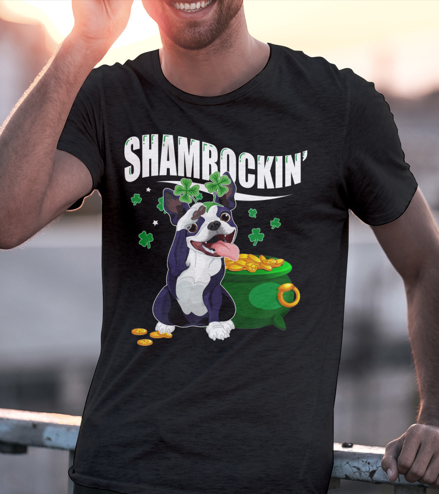Shamrockin' Boston Terrier With Pot Of Gold And Clovers T-Shirt