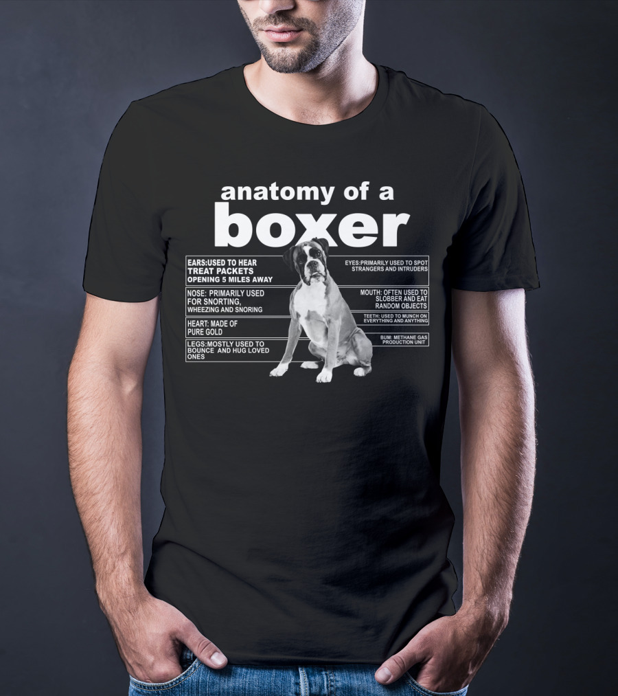 Anatomy Of A Boxer Ears Hear Treats Nose Snort Heart Gold Eyes Spot Mouth Slobber Feet Munch Bum Methane Production T-Shirt