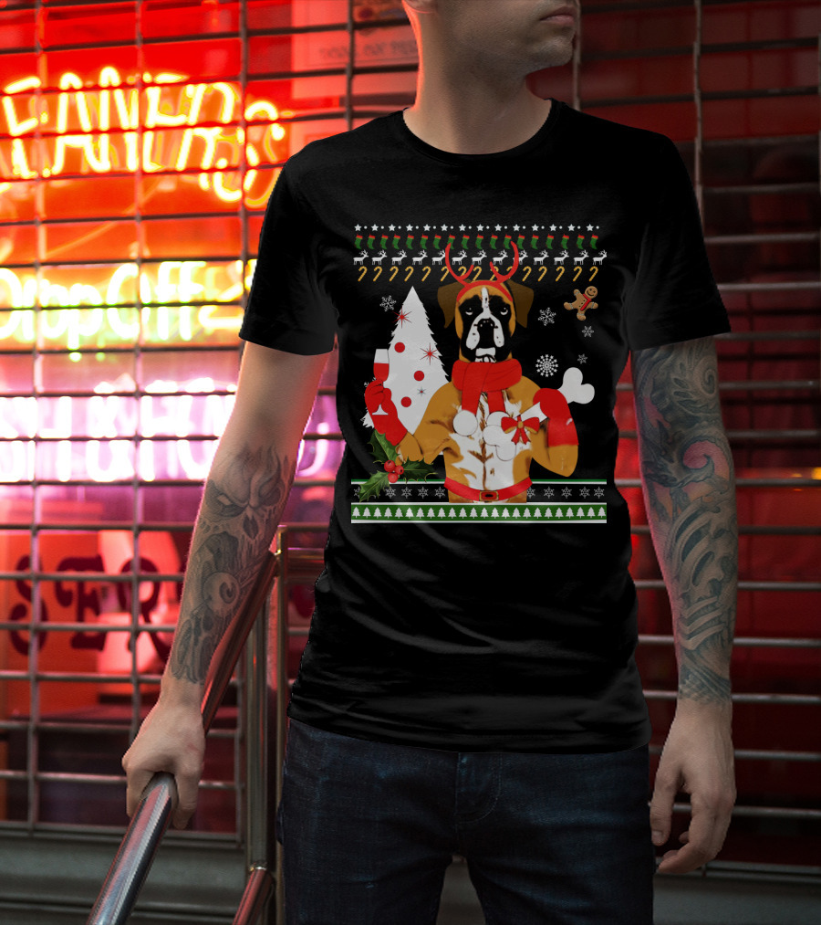 Boxer Dog Christmas Ugly Sweater Style With Reindeer Antlers And Festive Decorations T-Shirt