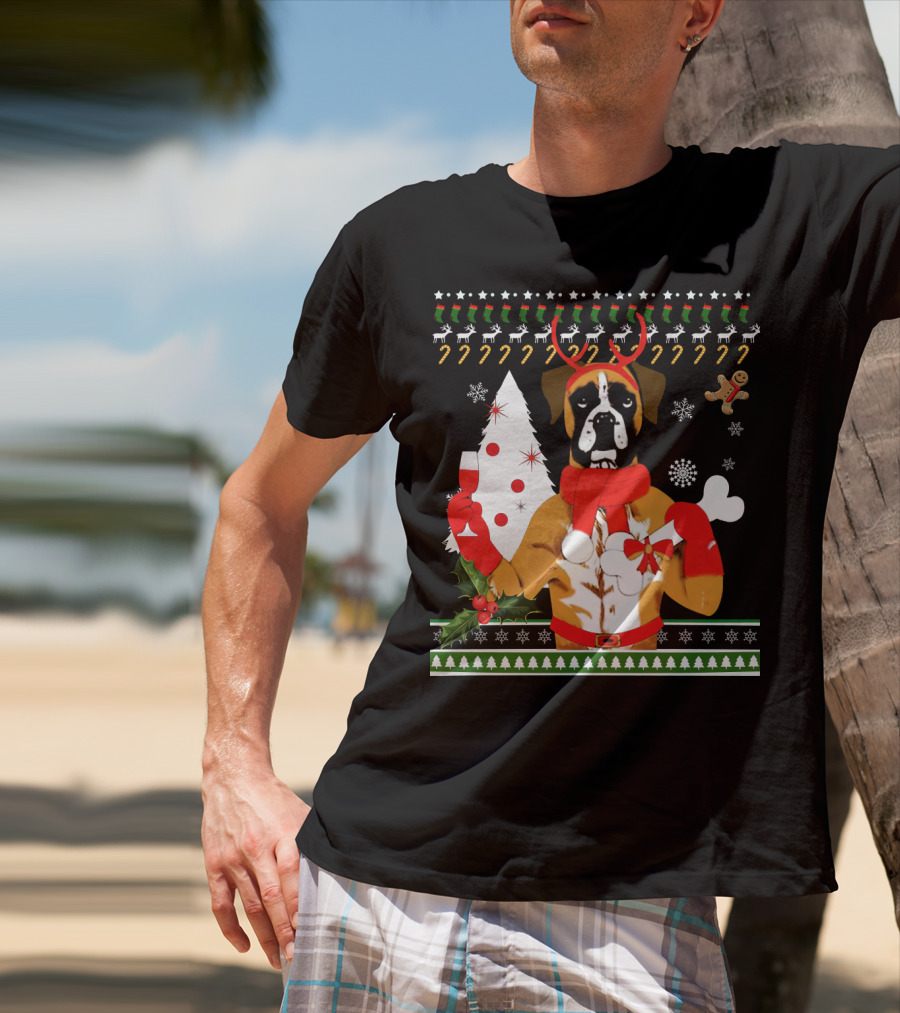 Boxer Dog Christmas Ugly Sweater Style With Reindeer Antlers And Festive Decorations T-Shirt