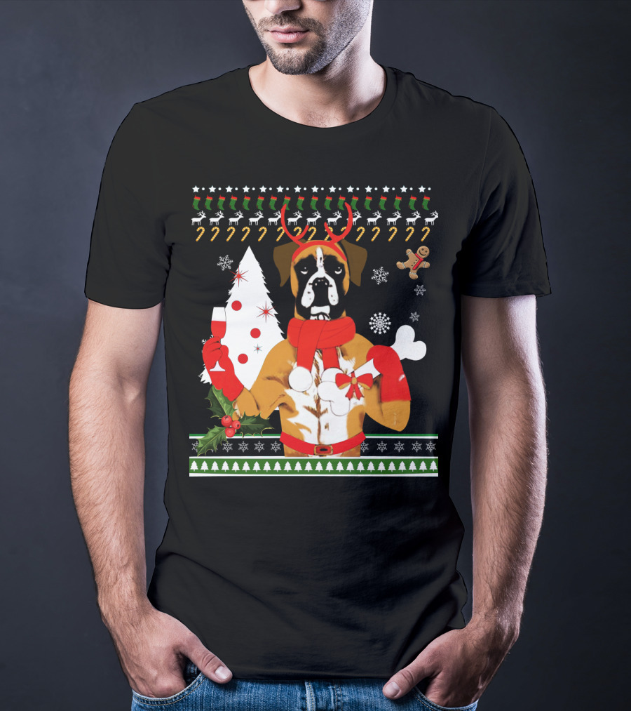 Boxer Dog Christmas Ugly Sweater Style With Reindeer Antlers And Festive Decorations T-Shirt