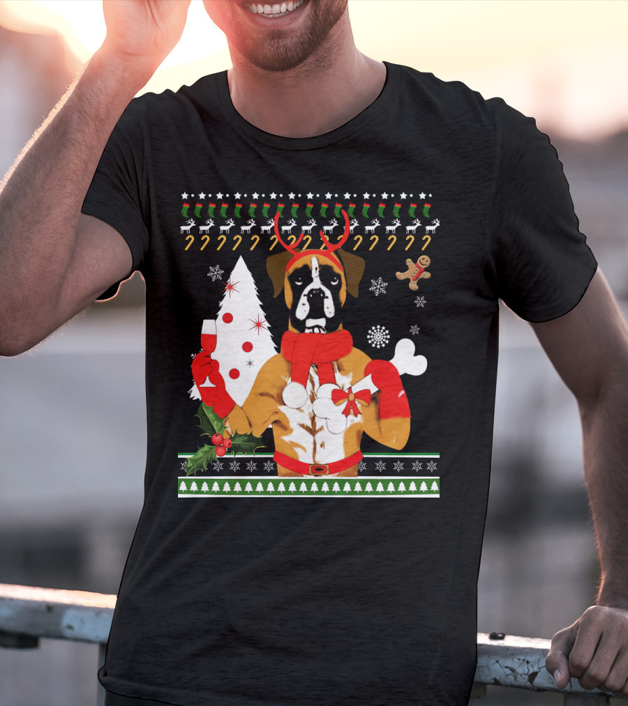 Boxer Dog Christmas Ugly Sweater Style With Reindeer Antlers And Festive Decorations T-Shirt