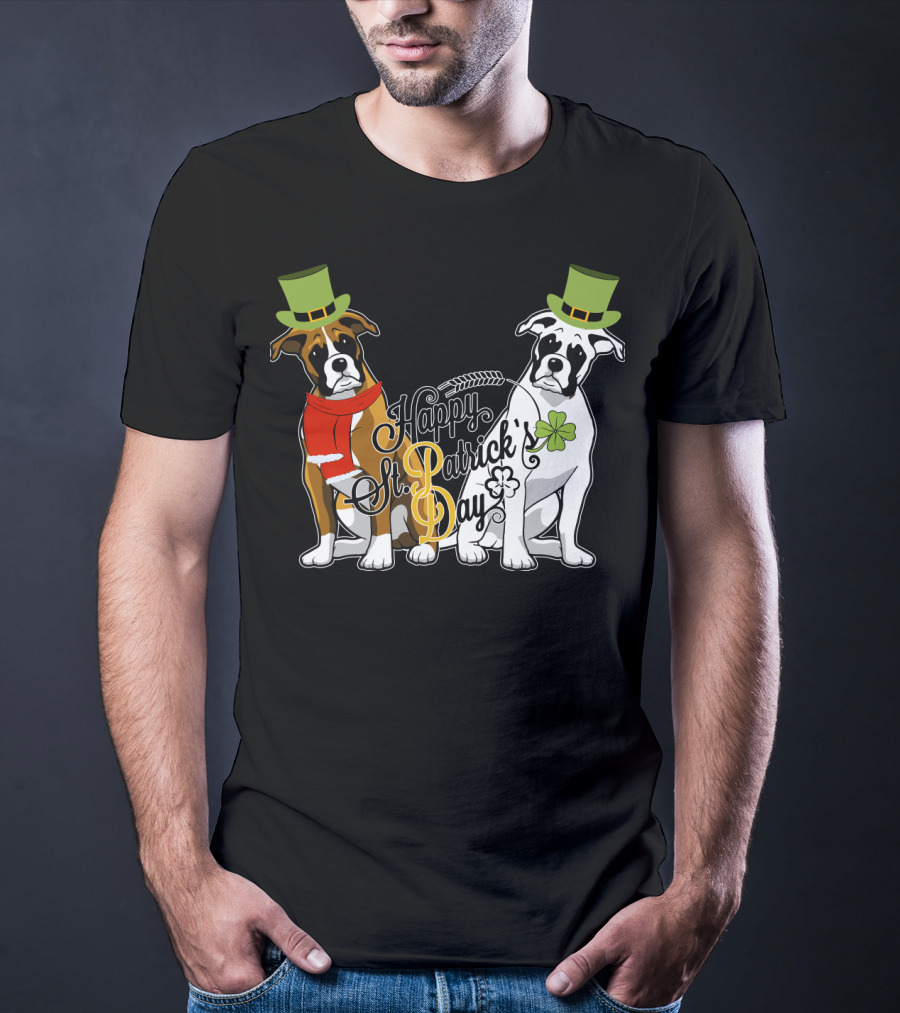 Happy St Patrick's Day Boxer Dogs With Shamrocks And Hats T-Shirt