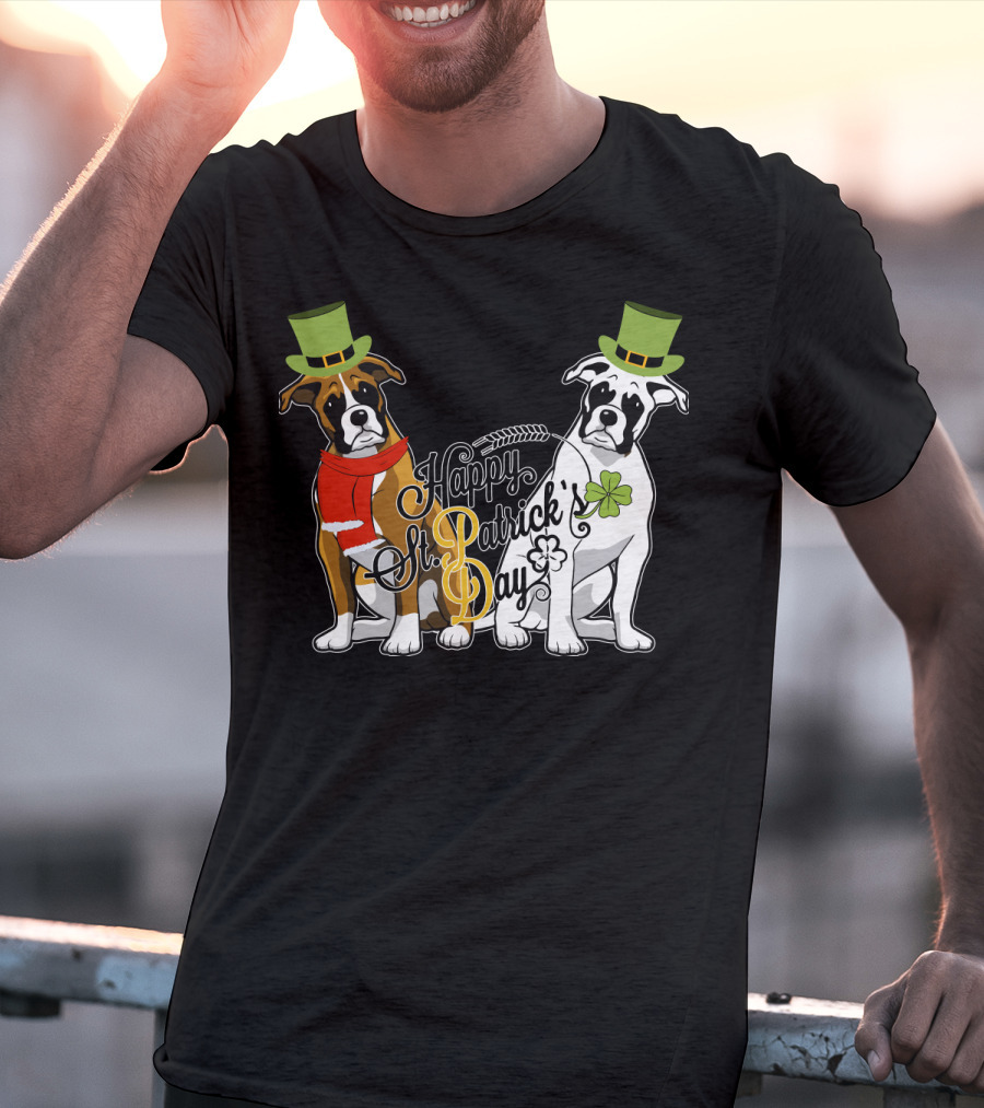 Happy St Patrick's Day Boxer Dogs With Shamrocks And Hats T-Shirt