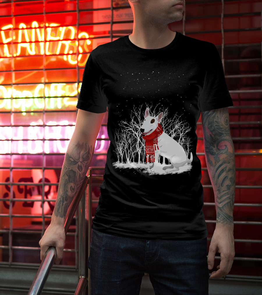 Winter Bullterrier Red Scarf Snowy Forest T-Shirt