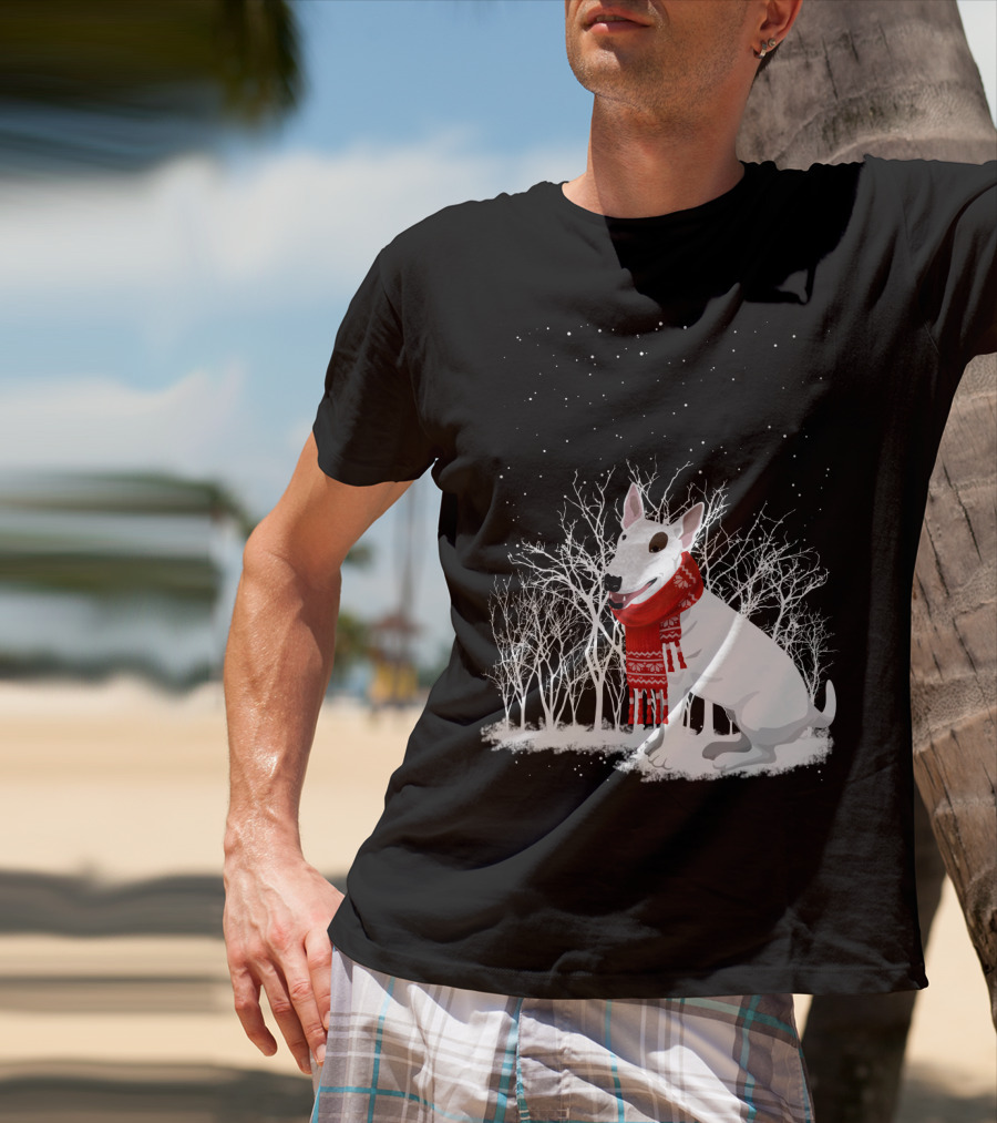 Winter Bullterrier Red Scarf Snowy Forest T-Shirt