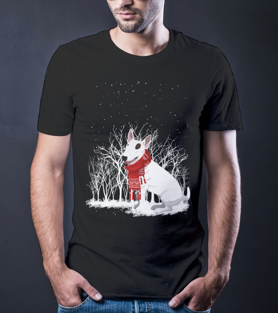 Winter Bullterrier Red Scarf Snowy Forest T-Shirt