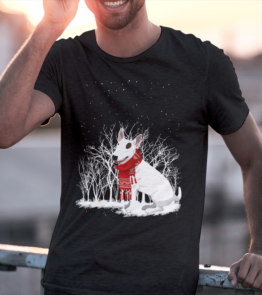 Winter Bullterrier Red Scarf Snowy Forest T-Shirt