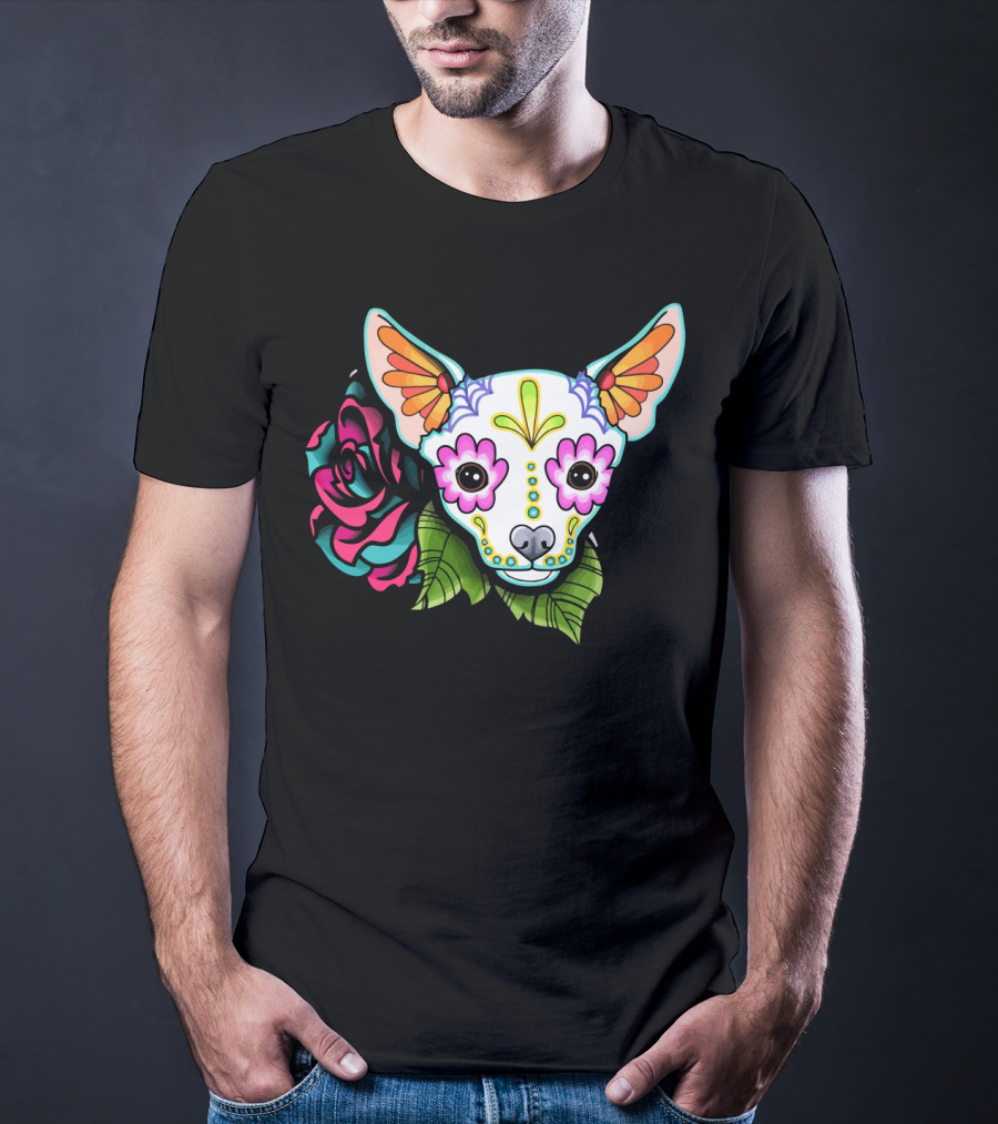 Dead Chihuahua Neon Sugar Skull Rose T-Shirt