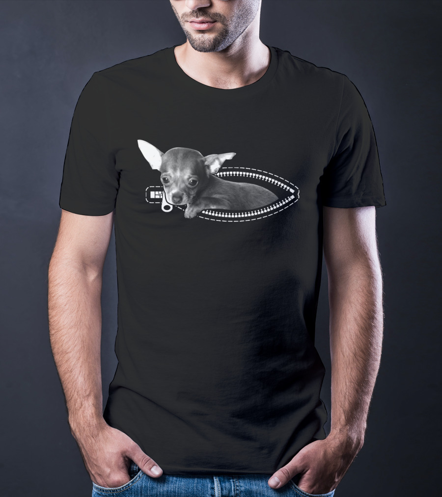 Zip Chihuahua Puppy Peeking Through Zipper T-Shirt