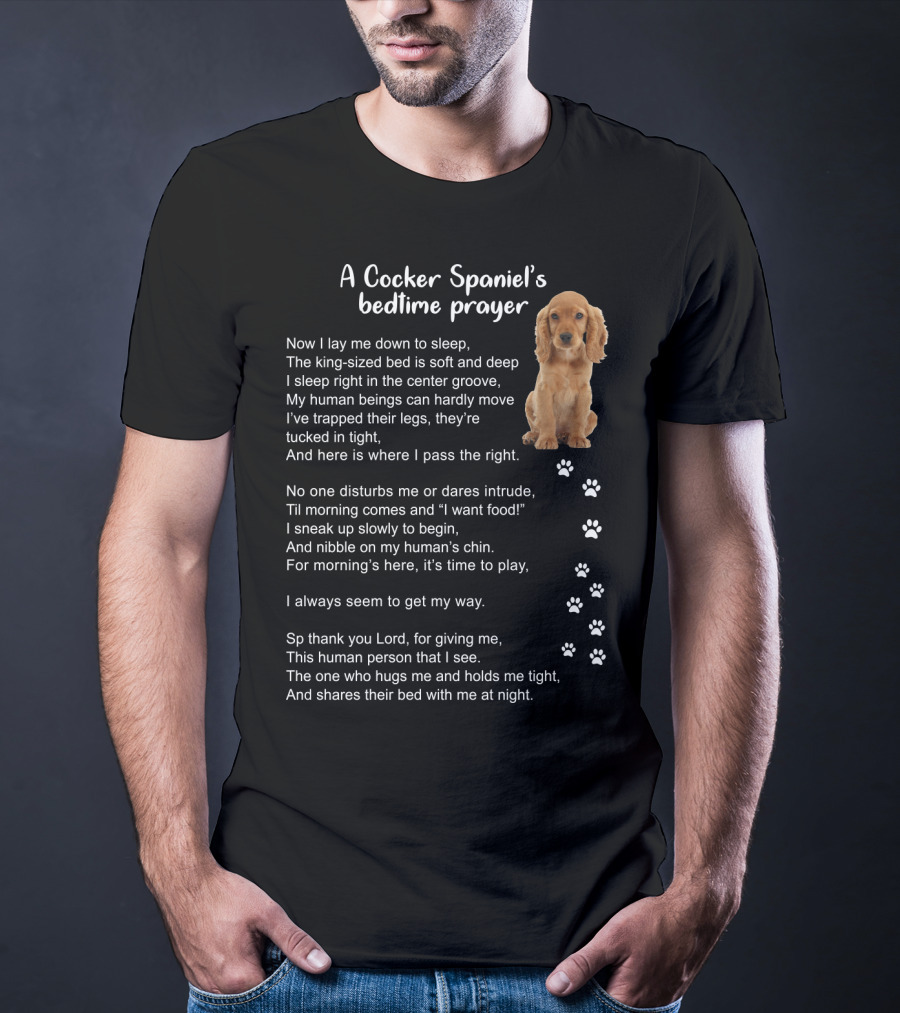 A Cocker Spaniel's Bedtime Prayer With Sleeping Dog And Paw Prints In Soft Light Brown T-Shirt