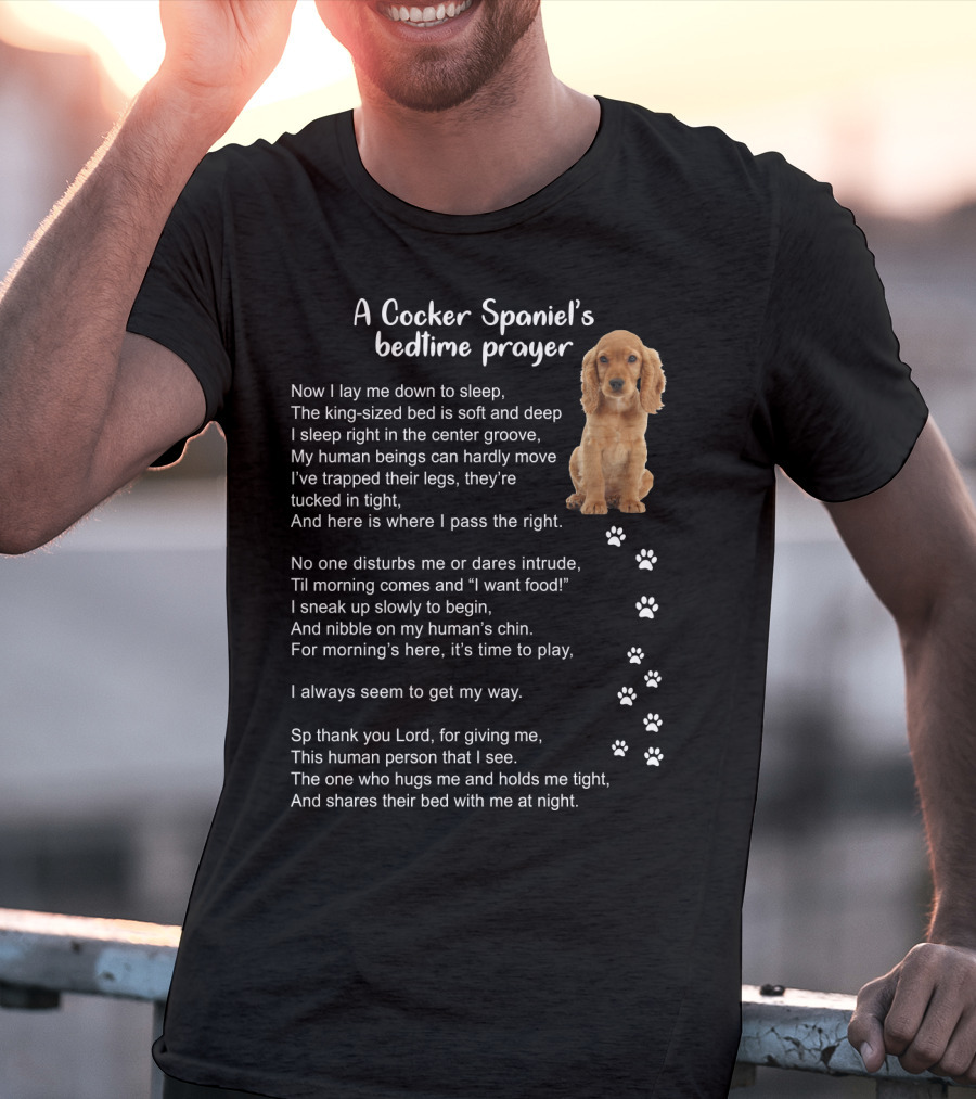 A Cocker Spaniel's Bedtime Prayer With Sleeping Dog And Paw Prints In Soft Light Brown T-Shirt