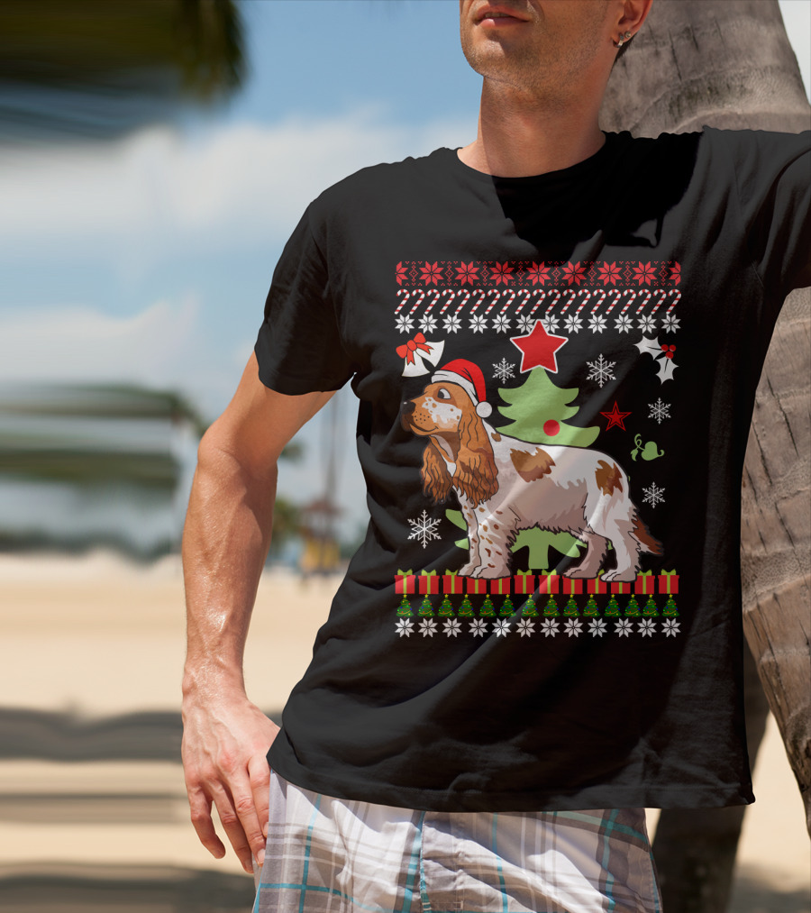 Christmas Cocker Spaniel Santa Hat Snowflakes Christmas Tree T-Shirt