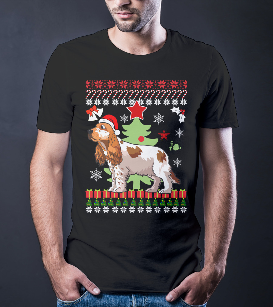 Christmas Cocker Spaniel Santa Hat Snowflakes Christmas Tree T-Shirt