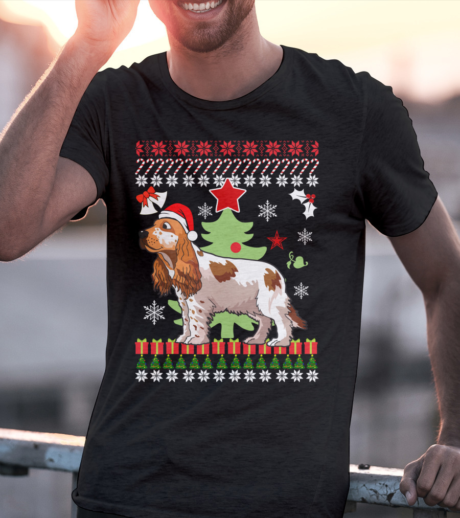 Christmas Cocker Spaniel Santa Hat Snowflakes Christmas Tree T-Shirt