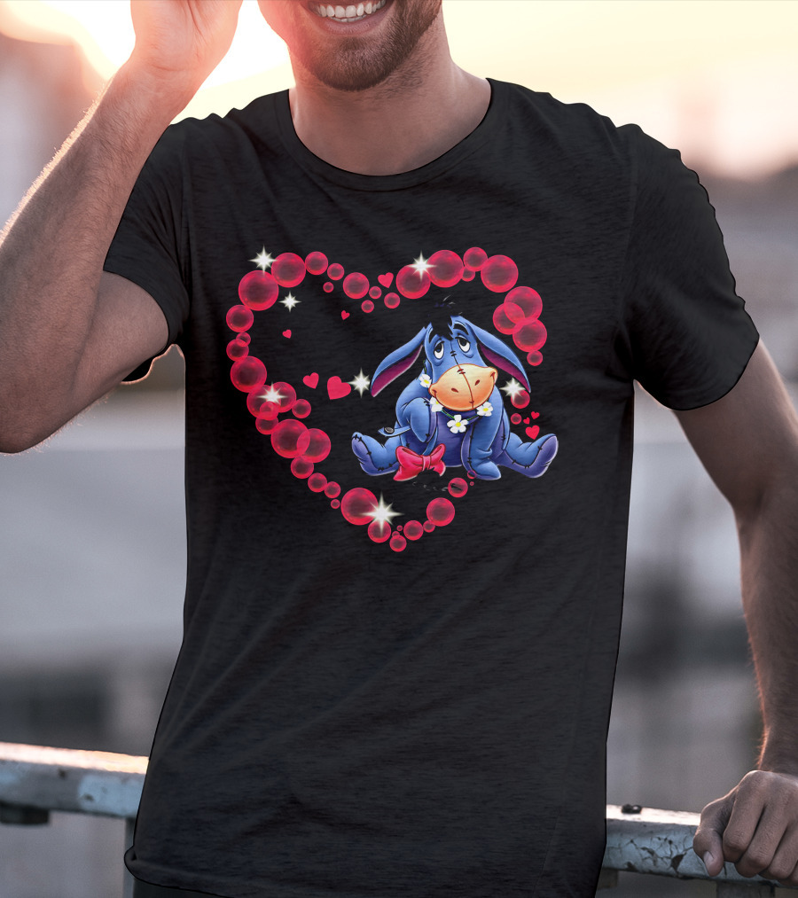 Eeyore Surrounded By Heart-Shaped Bubbles And Flowers T-Shirt