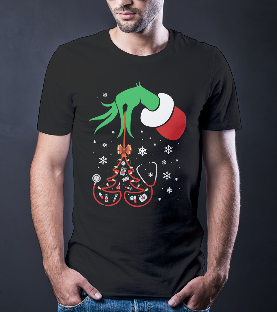 Grinch Hand Holding Nurse Themed Christmas Tree With Medical Icons T-Shirt