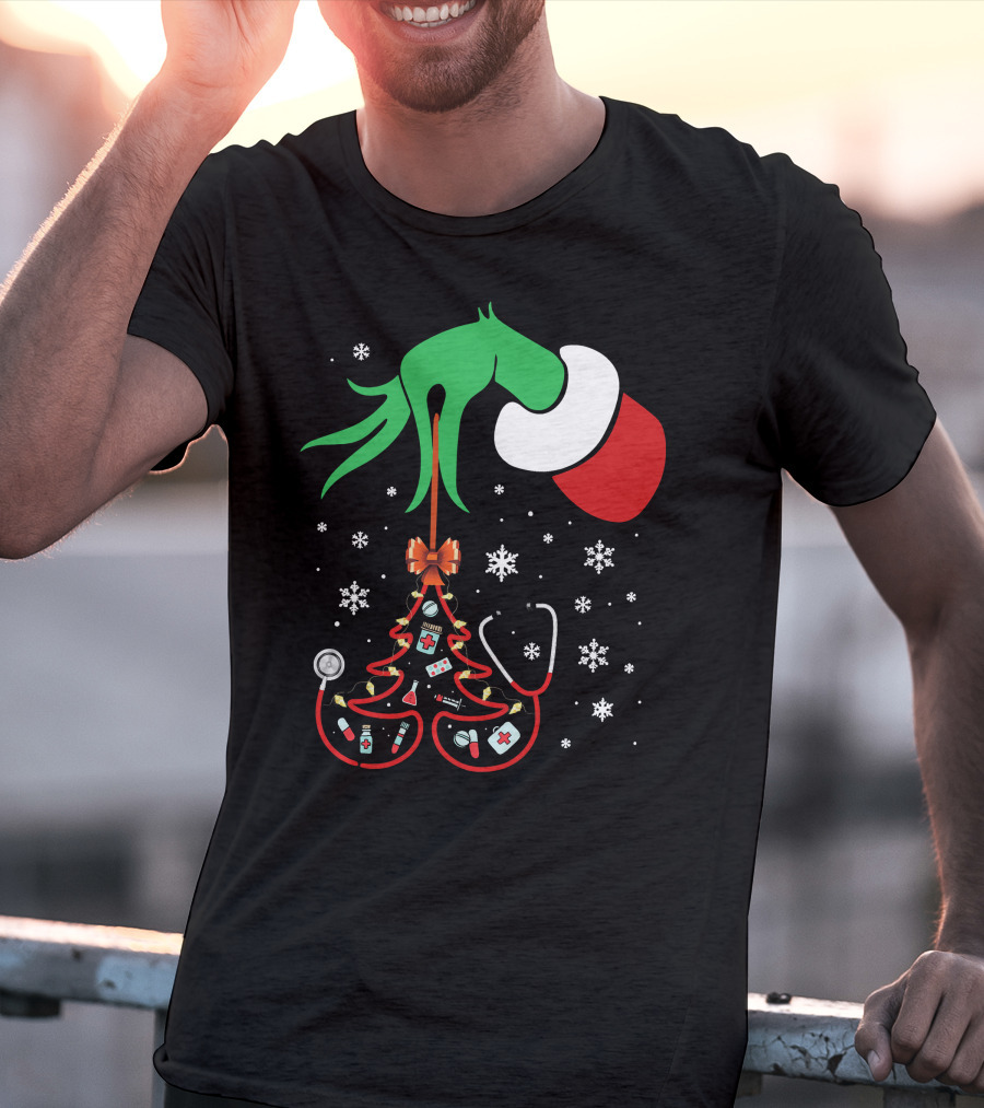 Grinch Hand Holding Nurse Themed Christmas Tree With Medical Icons T-Shirt